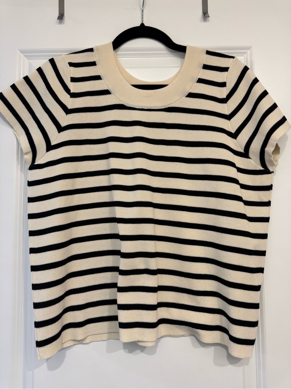 Cream and Black Striped Short Sleeve Knit Top